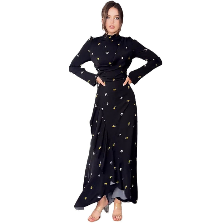 Long Sleeve Slim Fit Ruffled Large Swing Dress - Modefluss