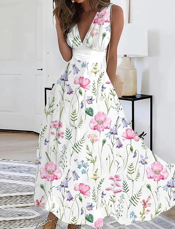 Women's Summer New V-neck High Waist Sleeveless Printed Vest Dress - Modefluss