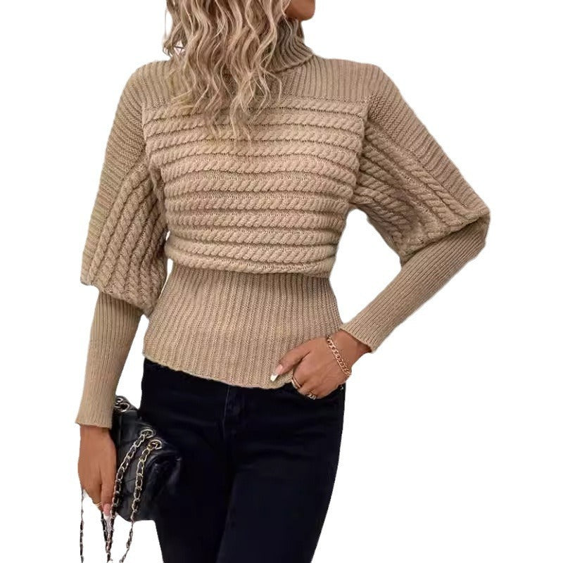Pullover mit hohem Kragen und langen Ärmeln – Zopfmuster, einfarbiges Strickdesign - Modefluss
