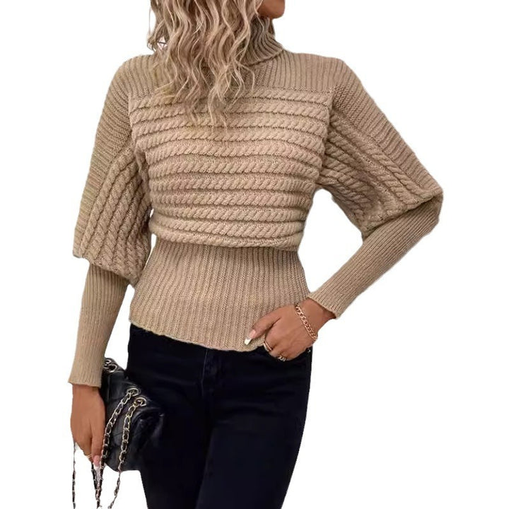 Pullover mit hohem Kragen und langen Ärmeln – Zopfmuster, einfarbiges Strickdesign - Modefluss