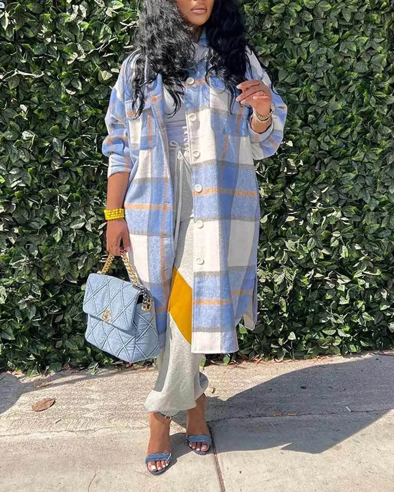 Damen mittellange lässige Mode karierter einreihiger Mantel - Modefluss