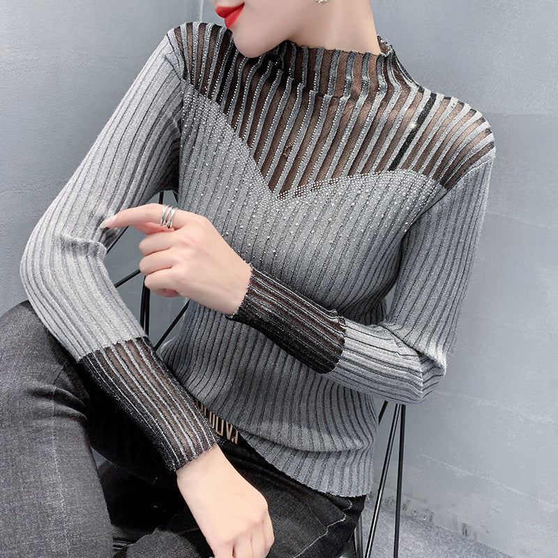 Women's Long Sleeve Hot Diamond Mesh Splicing Knitwear - Modefluss