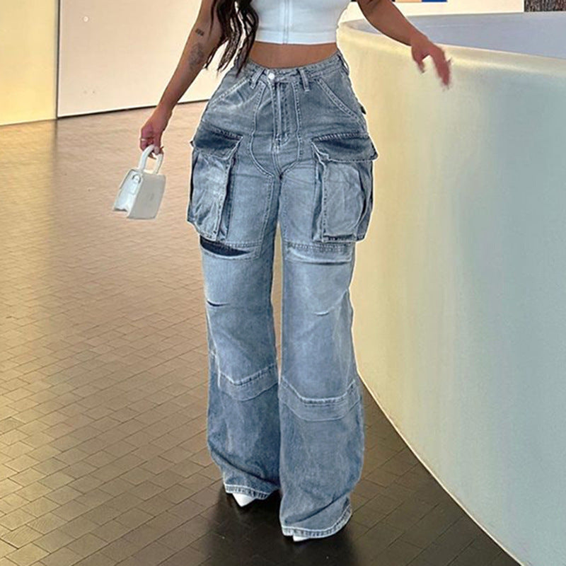 Gerade Jeans mit hoher Taille für Damen große Taschen-Nähte - Modefluss