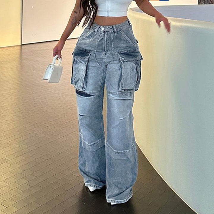 Gerade Jeans mit hoher Taille für Damen große Taschen-Nähte - Modefluss