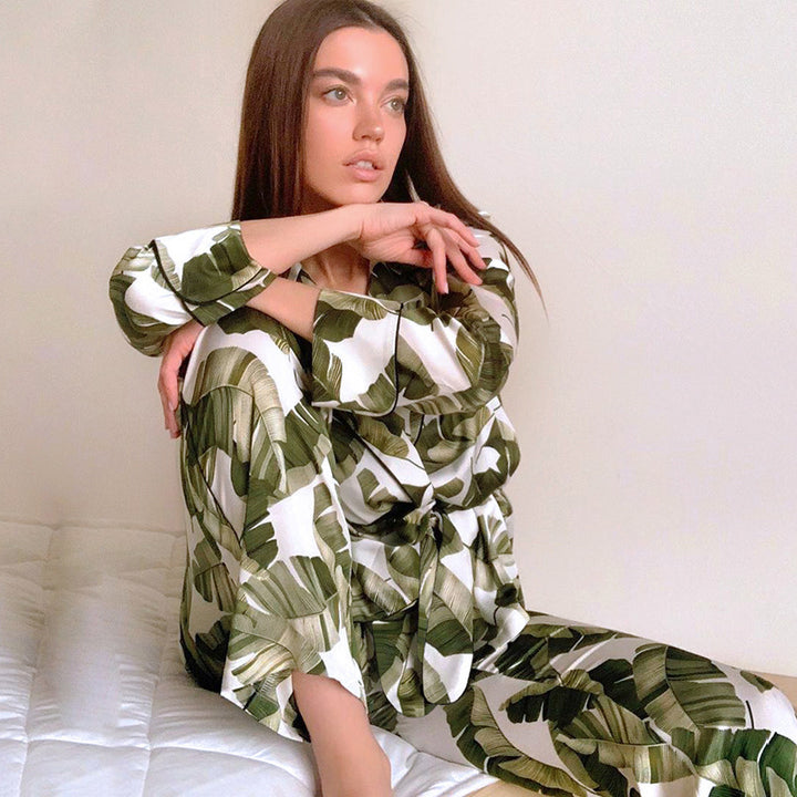 Banana Leaf Print Women's Pajama Set Long Sleeve Simple Homewear - Modefluss