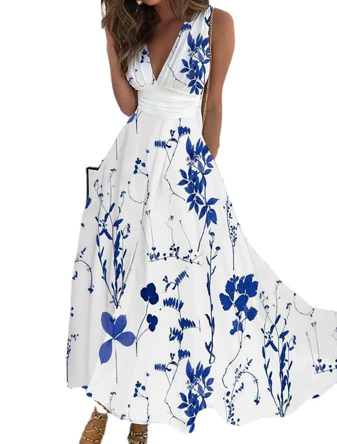 Women's Summer New V-neck High Waist Sleeveless Printed Vest Dress - Modefluss