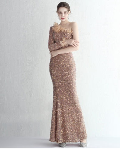Temperament One-shoulder Long-sleeved Sequined Aura Queen Fishtail - Modefluss
