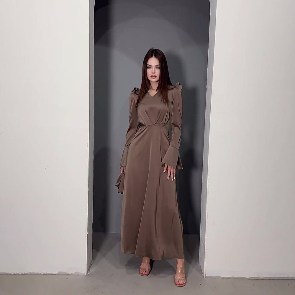 Retro V-neck Puff Sleeve Long Tie Waist-controlled Long Sleeves Dress - Modefluss