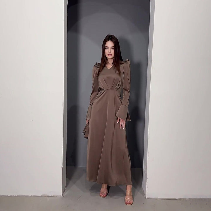 Retro V-neck Puff Sleeve Long Tie Waist-controlled Long Sleeves Dress - Modefluss