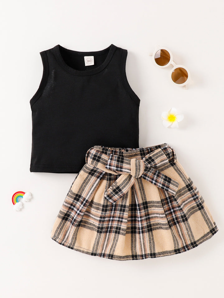 Solid Color Tank Top Plaid Skirt Girls Suit - Modefluss