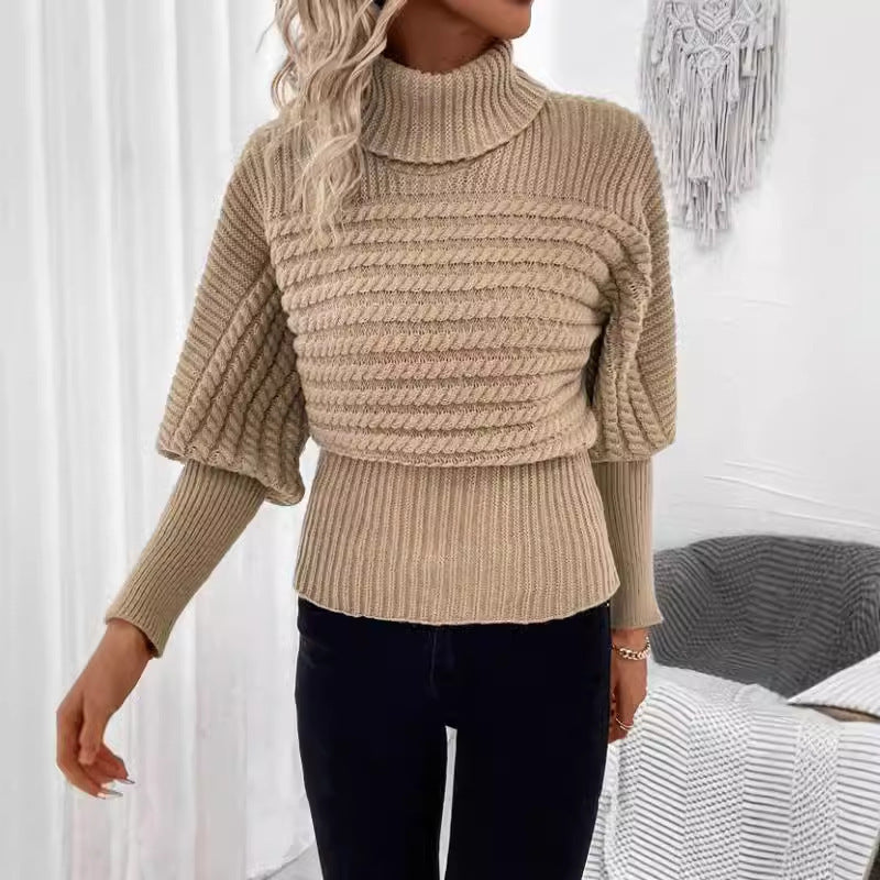 Pullover mit hohem Kragen und langen Ärmeln – Zopfmuster, einfarbiges Strickdesign - Modefluss