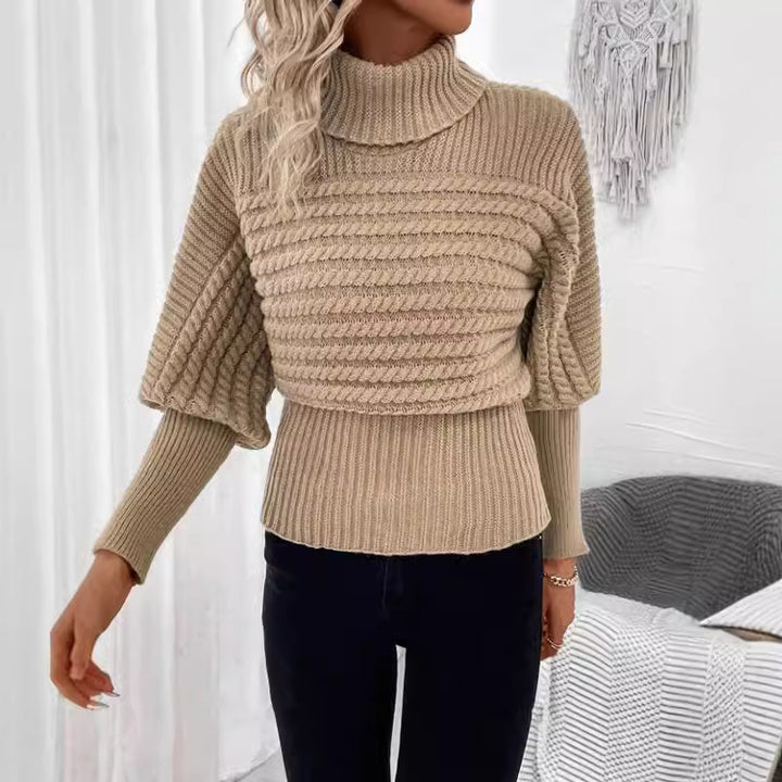 Pullover mit hohem Kragen und langen Ärmeln – Zopfmuster, einfarbiges Strickdesign - Modefluss
