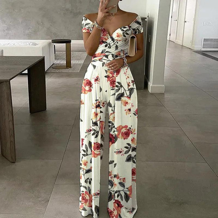 European And American Fashion Off-shoulder Printed Temperament Commute Casual High Waist Jumpsuit Women - Modefluss