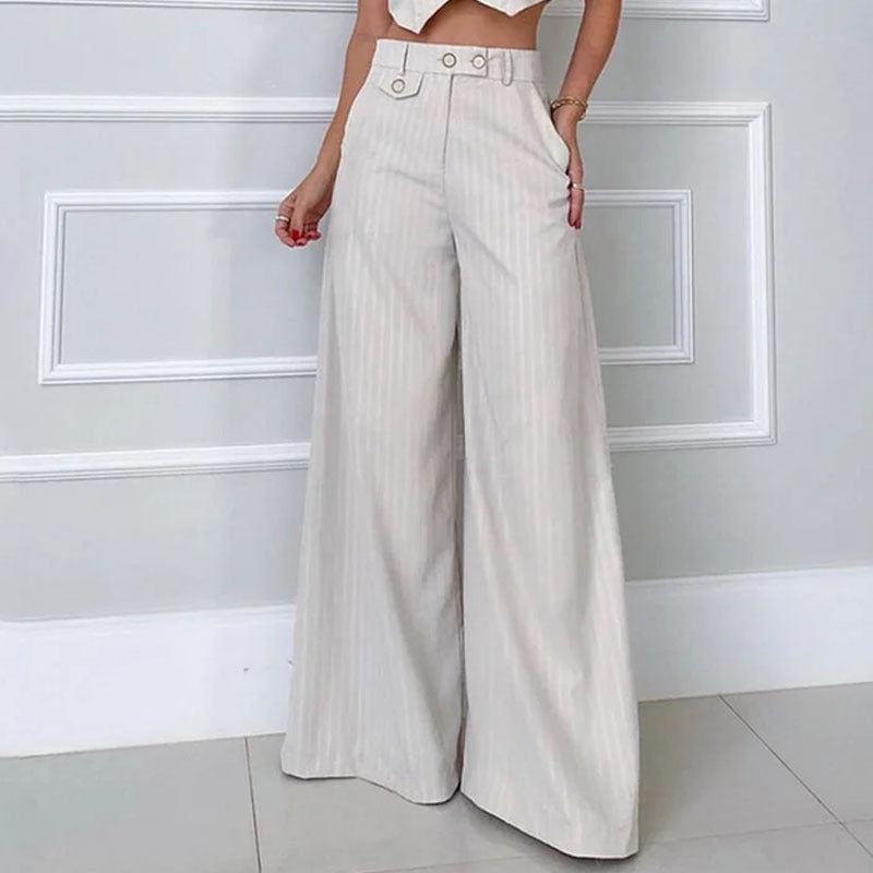 Fashion V-neck Striped High Waist Wide Leg Pants - Modefluss