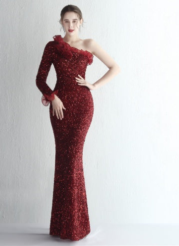 Temperament One-shoulder Long-sleeved Sequined Aura Queen Fishtail - Modefluss
