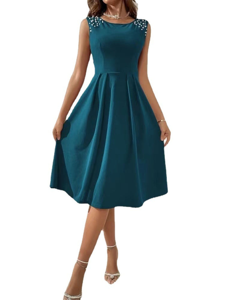 Women's Slim Fitting Round Neck Studded Sleeveless Dress - Modefluss