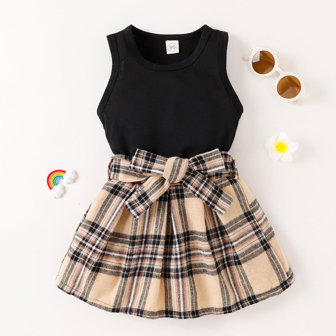 Solid Color Tank Top Plaid Skirt Girls Suit - Modefluss