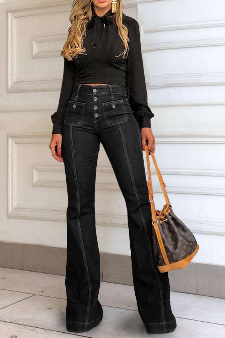 Nähende gewaschene Denim Stretch Slim Fit Bell-Bottom-Hose - Modefluss