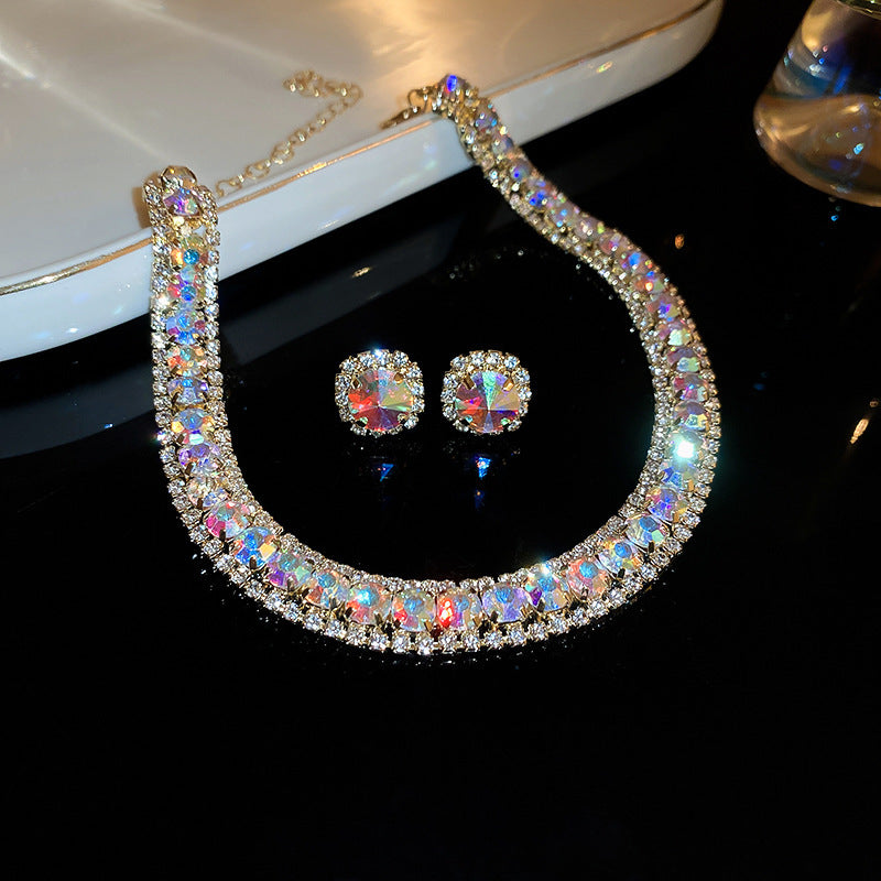Diamond-embedded Square Earrings Necklace Special Interest Light Luxury Elegant High-grade Clavicle Chain - Modefluss