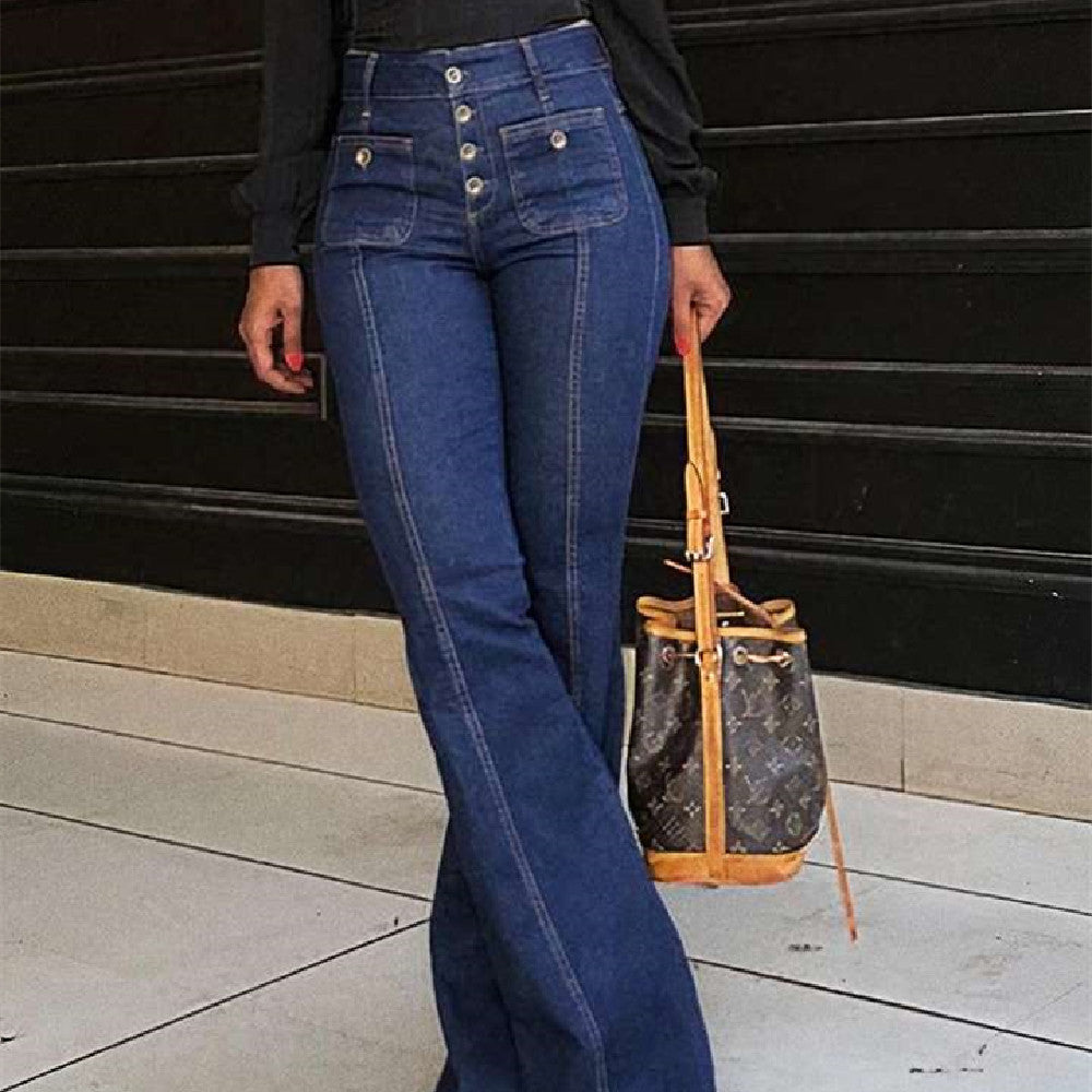 Nähende gewaschene Denim Stretch Slim Fit Bell-Bottom-Hose - Modefluss