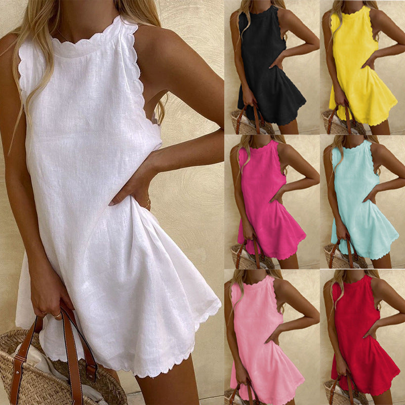 Cotton Hemp Solid Color Embroidered Ruffled Women's Dress - Modefluss