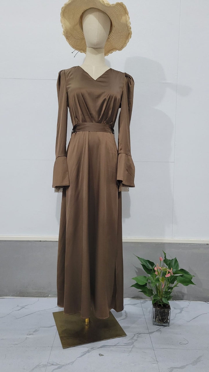 Retro V-neck Puff Sleeve Long Tie Waist-controlled Long Sleeves Dress - Modefluss