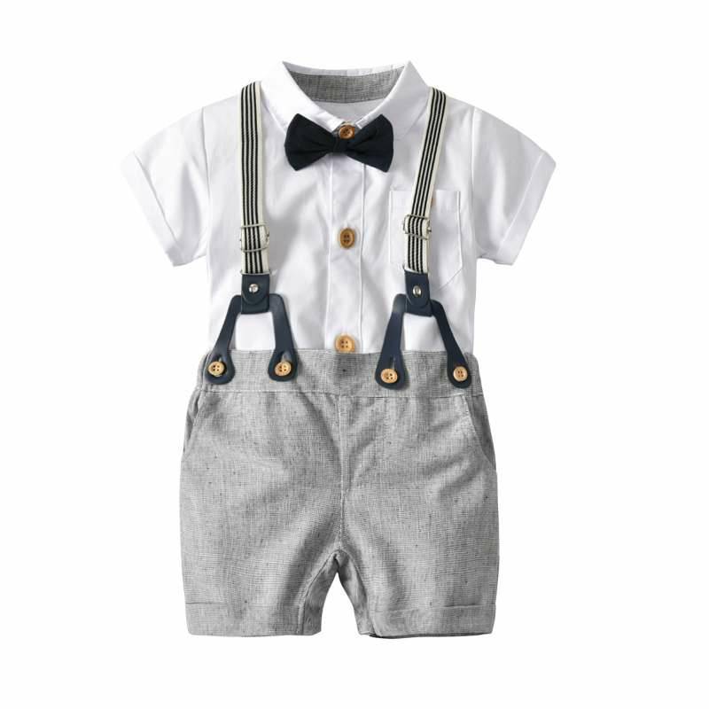 Eleganter Baby Romper Set – Weißer Kurzarm-Strampler mit grauen Shorts & Fliege | Baumwolle, Europäischer Stil - Modefluss