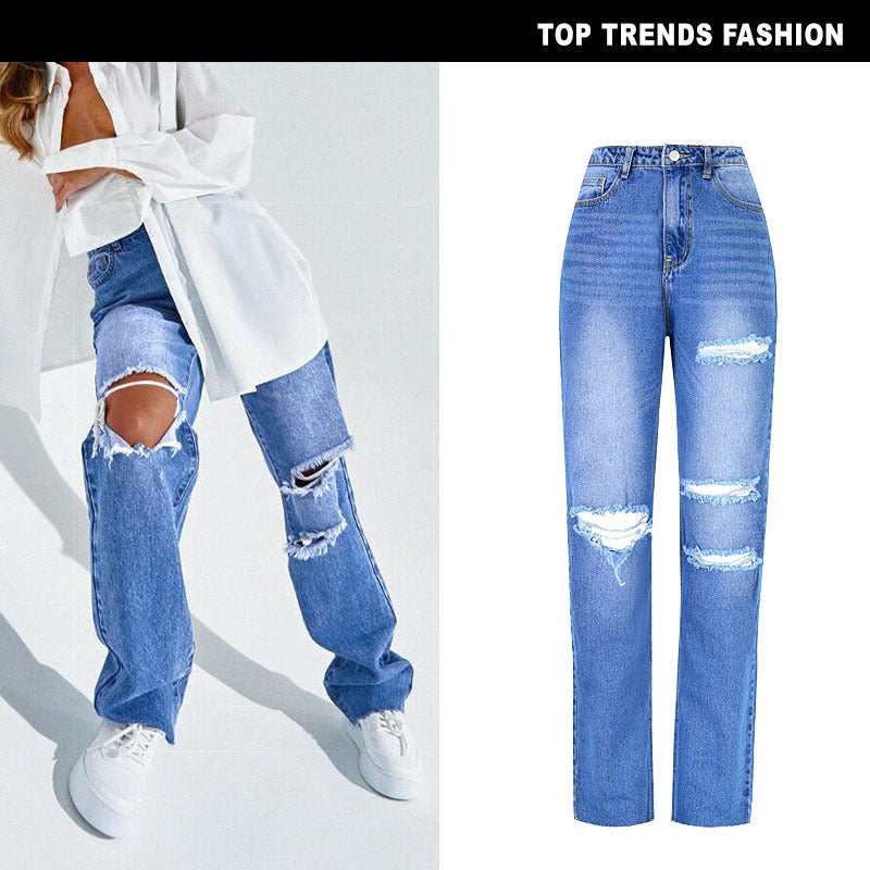 Frauen hohe Taille gerade zerrissene Jeans - Modefluss