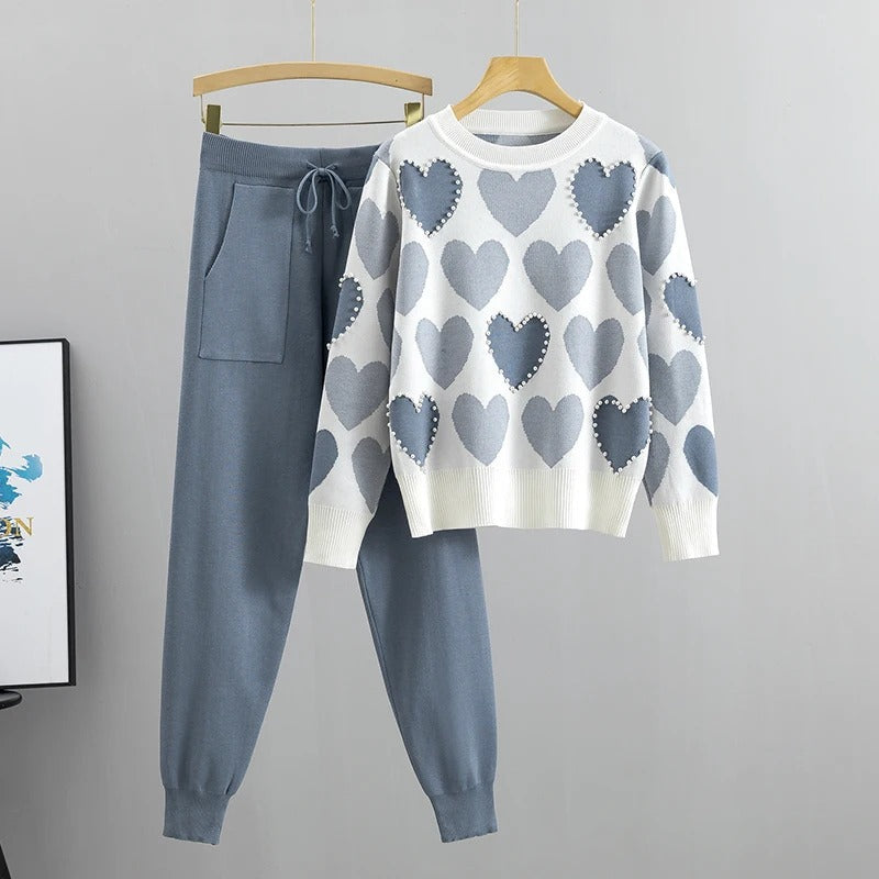 Nina™ - Bequemes Pyjama-Set aus Strick mit Herz-Print