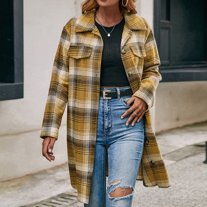 Einreiher Plaid Shirt Revers Mid-länge - Modefluss