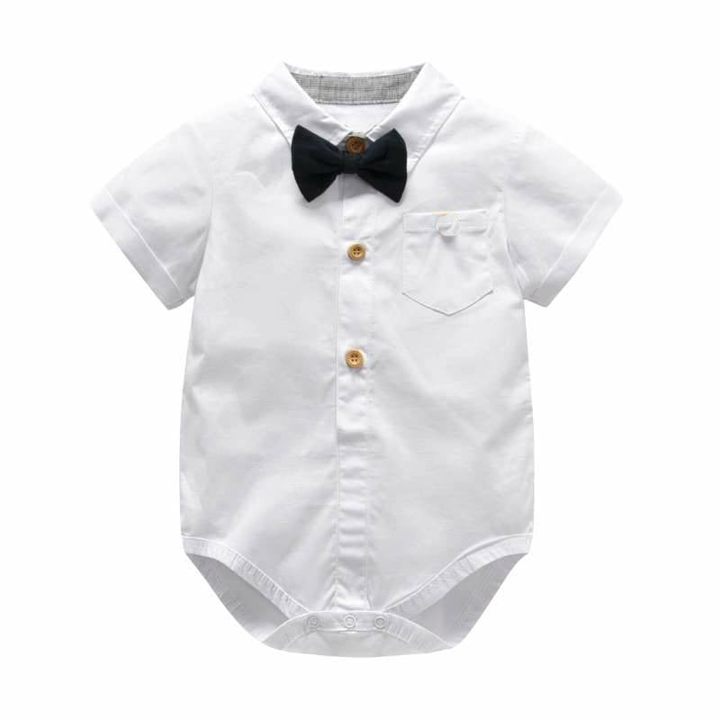 Eleganter Baby Romper Set – Weißer Kurzarm-Strampler mit grauen Shorts & Fliege | Baumwolle, Europäischer Stil - Modefluss