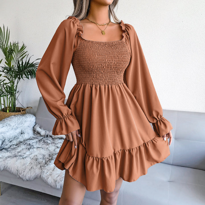 Square Neck Flared Long Sleeve Ruffle Swing Dress - Modefluss