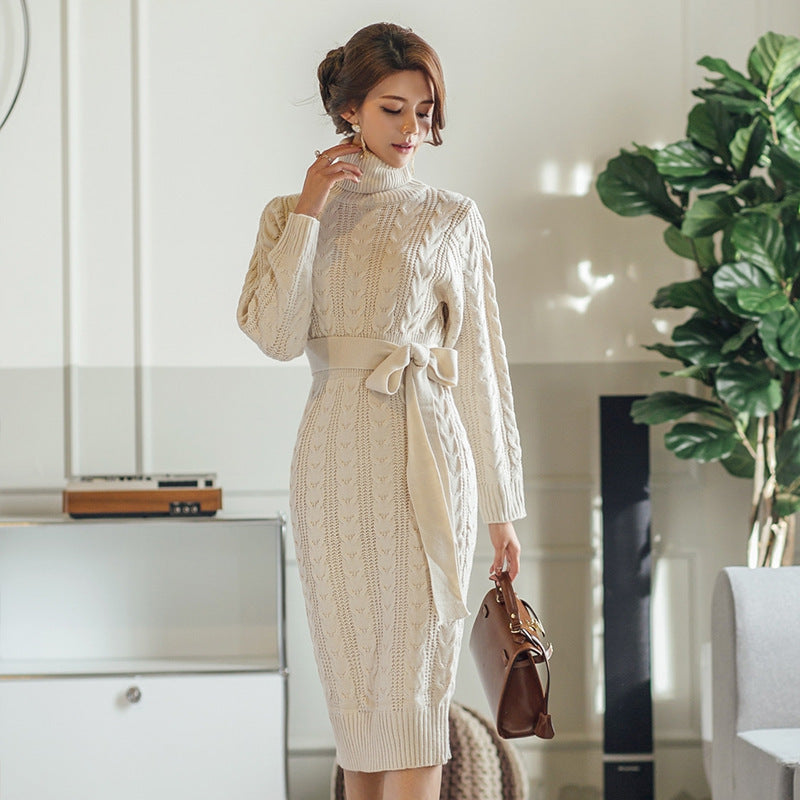 High Collar Twist Lace-up Waist Mid-length Sweater Dress - Modefluss