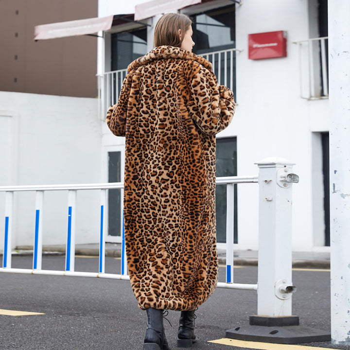 Pelzmantel aus Kunstpelz mit Leoparden muster, Kaninchen fell, super, langer Anzug, Kragen - Modefluss