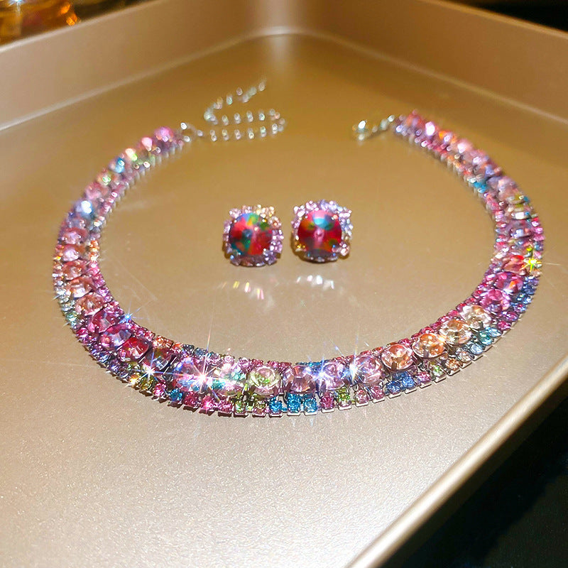 Diamond-embedded Square Earrings Necklace Special Interest Light Luxury Elegant High-grade Clavicle Chain - Modefluss