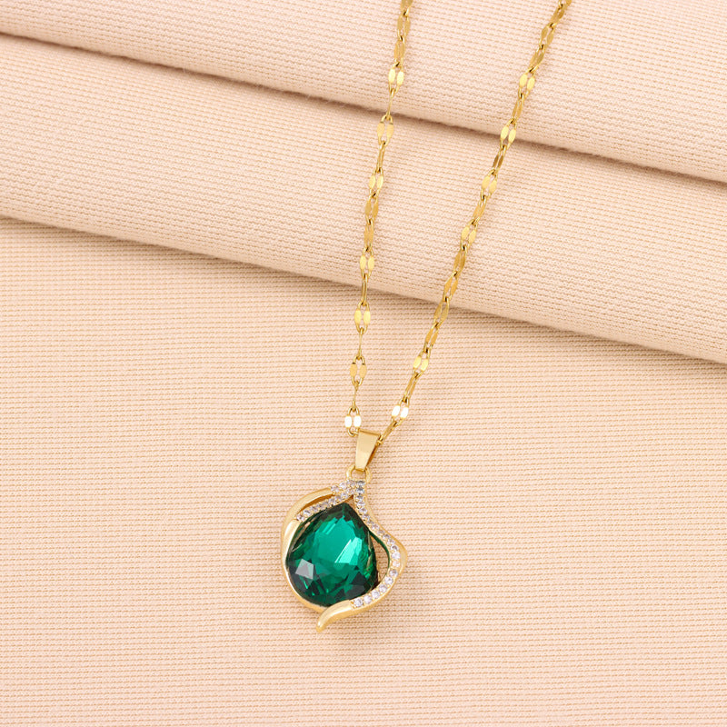 Green Crystal Pendant Titanium Steel Necklace For Women - Modefluss