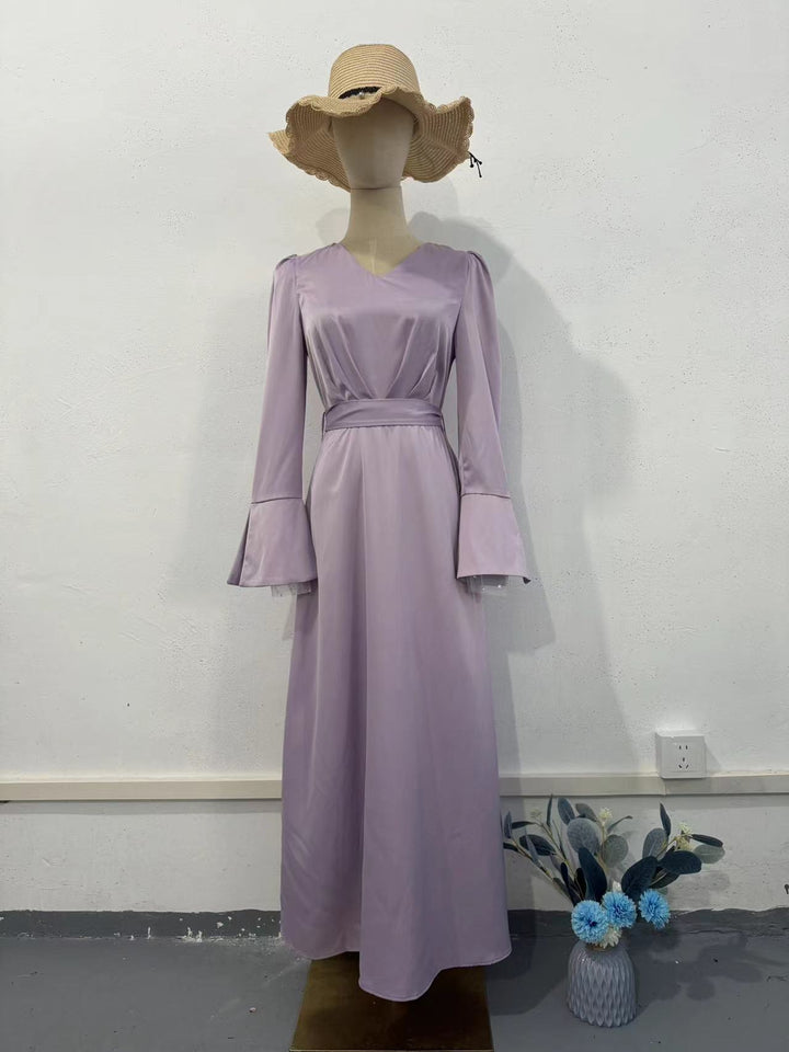 Retro V-neck Puff Sleeve Long Tie Waist-controlled Long Sleeves Dress - Modefluss