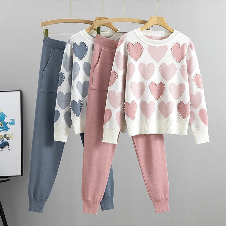 Nina™ - Bequemes Pyjama-Set aus Strick mit Herz-Print