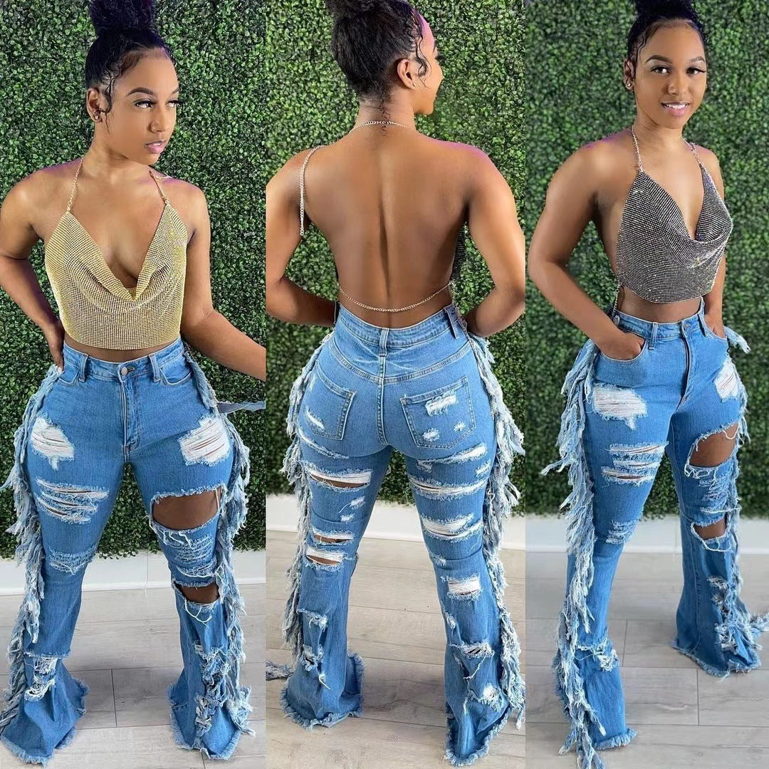 Europäische und amerikanische notleidende gewaschene Quaste Jeans - Modefluss
