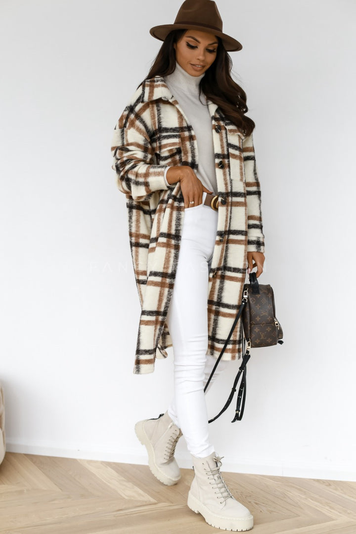 Taste revers casual warme plaid lange woolen mantel - Modefluss