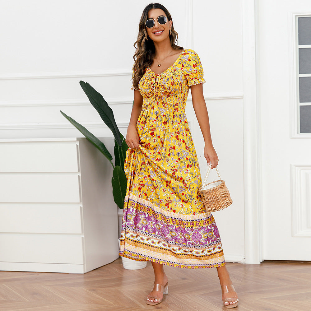 Drawstring Lace V-neck Printed Dress - Modefluss