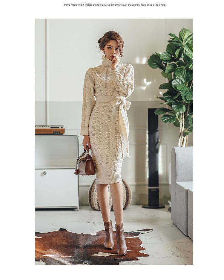 High Collar Twist Lace-up Waist Mid-length Sweater Dress - Modefluss