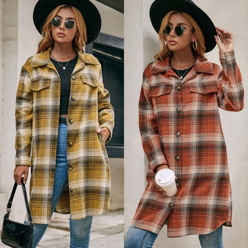 Einreiher Plaid Shirt Revers Mid-länge - Modefluss