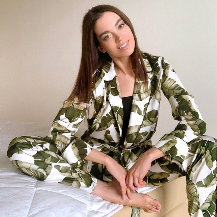 Banana Leaf Print Women's Pajama Set Long Sleeve Simple Homewear - Modefluss