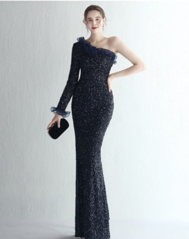 Temperament One-shoulder Long-sleeved Sequined Aura Queen Fishtail - Modefluss