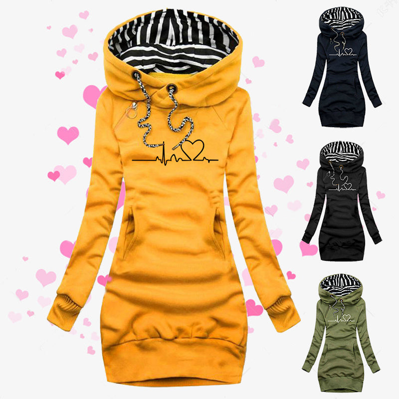 Damen Hoodie Pullover mit Herzmuster – Langer Sweatshirt-Top - Modefluss