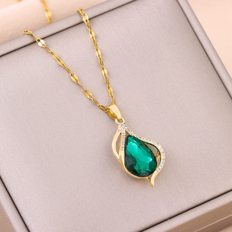 Green Crystal Pendant Titanium Steel Necklace For Women - Modefluss