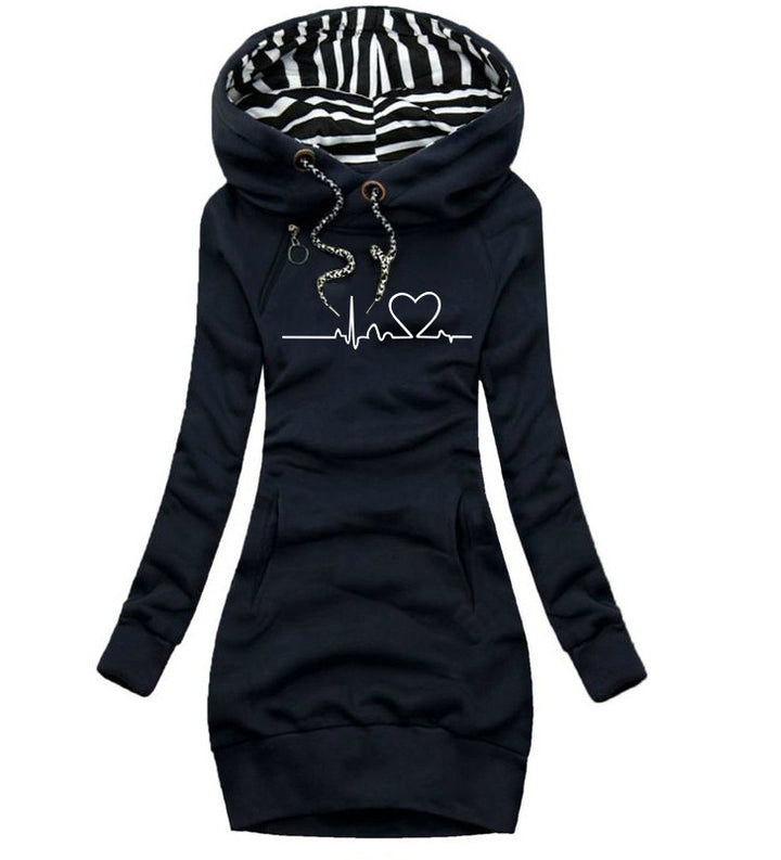 Damen Hoodie Pullover mit Herzmuster – Langer Sweatshirt-Top - Modefluss