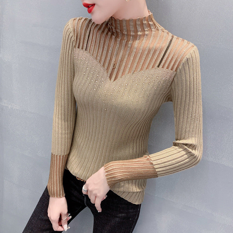 Women's Long Sleeve Hot Diamond Mesh Splicing Knitwear - Modefluss