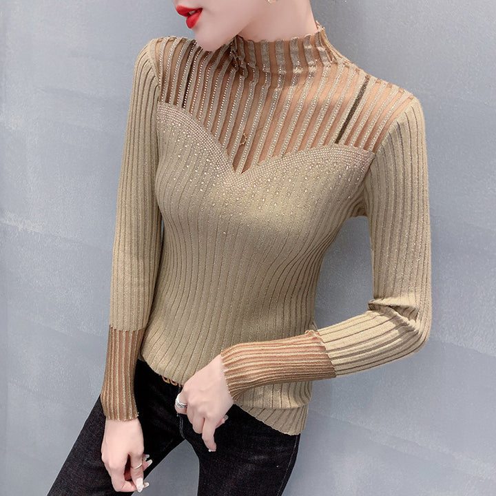 Women's Long Sleeve Hot Diamond Mesh Splicing Knitwear - Modefluss
